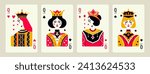 Queens of hearts, diamonds, clubs, spades cartoon style. Abstract modern posters template, poker concept. Vector flat design