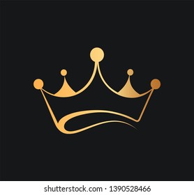 Queens or kings crown vector logo. Golden corona logotype on dark background