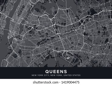 Queens map. Dark poster with map of Queens borough (New York, United States). Highly detailed map of Queens with water objects, roads, railways, etc. Printable poster.