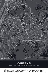 Queens map. Dark poster with map of Queens borough (New York, United States). Highly detailed map of Queens with water objects, roads, railways, etc. Printable poster.