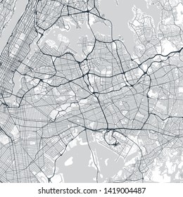 Queens map. Light map of Queens borough (New York, United States). Highly detailed map of Queens with water objects, roads, railways, etc.