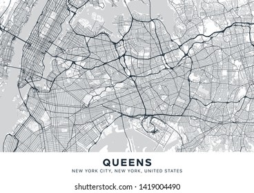 Queens map. Light poster with map of Queens borough (New York, United States). Highly detailed map of Queens with water objects, roads, railways, etc. Printable poster.