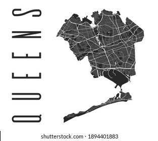 Queens map poster. New York city borough street map. Cityscape aria panorama silhouette aerial view, typography style. Flushing Meadows, Corona, Field, Ozone, Jackson Heights, Flushing, Long Island.