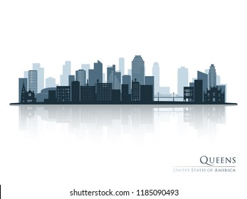 Queens, New York blue skyline silhouette with reflection. Vector illustration.