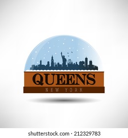 Queens, New York, United States of America city skyline silhouette in snow globe. Vector design.