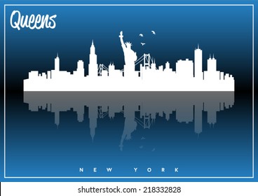Queens, New York, USA skyline silhouette vector design on parliament blue background.