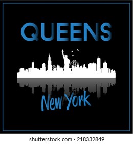 Queens, New York, USA skyline silhouette vector design on black background.