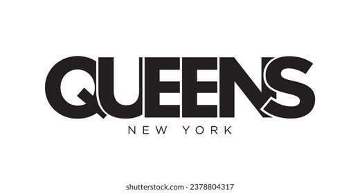 Queens, New York, USA typography slogan design. America logo with graphic city lettering for print and web products.