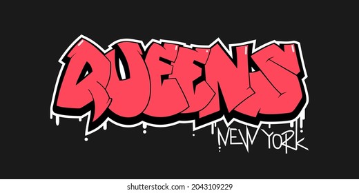 Queens New York vector text. Graffiti style hand drawn lettering. Can be used for printing on t shirt and souvenirs. Posters, banners, cards, flyers, stickers. Street art design.