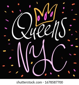 Queens NYC. Sticker for social media content. Vector hand drawn illustration design. Bubble pop art comic style poster, t shirt print, post card, video blog cover.