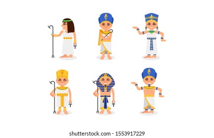 Queens And Pharaohs Of Ancient Egypt In Different Poses Vector Illustration Set Isolated On White Background