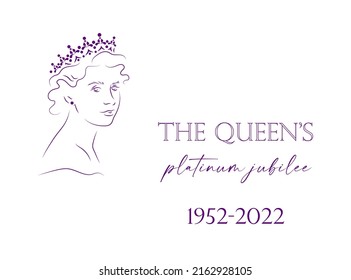 The Queen's Platinum Jubilee 70 years celebration banner with line portrait of Queen Elizabeth in crown . Can be used for banners, flayers, cards, invitations, social media, etc.