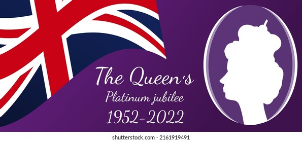 Queen's Platinum Jubilee. Profile. 70 years of reign. Against the background of the British flag. Vector stock illustration svg