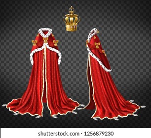 Queens or princes royal robe with red cape and mantle trimmed ermine fur and precious gold crown decorated perls 3d realistic vector front, side view illustration isolated on transparent background