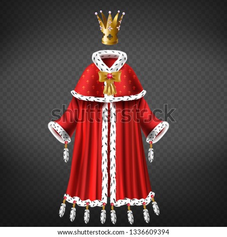 Queens, princess royal robe with cape, mantle trimmed ermine fur, decorated tassels, bow with ruby, gold crown inlaid pink perl 3d realistic vector isolated on transparent background. Monarch clothing