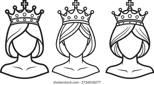 Rainhas em fileira com coroas na cabeça. Rainha cabeça e coroa linha.