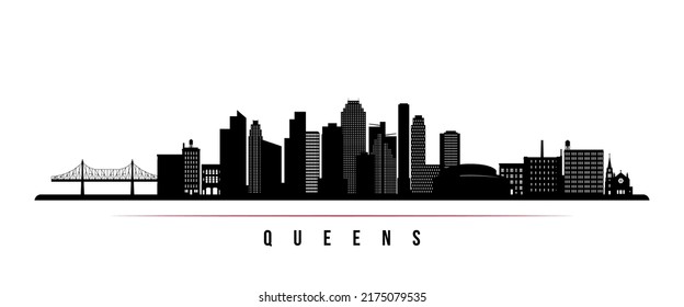 Queens Skyline horizontalen Banner. Schwarz-Weiß-Silhouette von Queens, NY. Vektorvorlage für Ihr Design. 