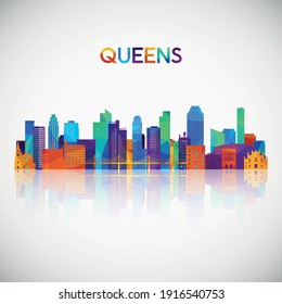 Queens skyline silhouette in colorful geometric style. Symbol for your design. Vector illustration.