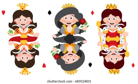 Queens of three suits: hearts, spades and diamonds. Playing cards with cartoon cute characters.