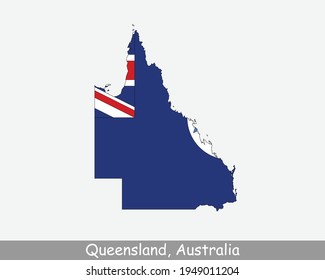 Queensland Kartenflagge. Karte von Qld, Australien mit der Staatsflagge einzeln auf weißem Hintergrund. Australischer Staat. Vektorgrafik.