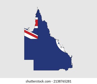 Queensland Kartenflagge. Karte von Qld, Australien mit der Staatsflagge. Australischer Staat. Vektorgrafik-Banner.