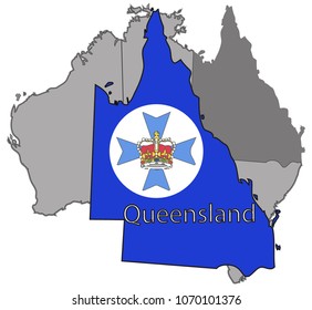 A Queensland map and seal on Australia isolated on a white background