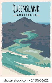 Queensland retro poster. Queensland travel illustration. States of Australia greeting card. Whitehaven Beach, Whitsunday Island.