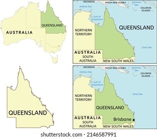 Ubicación del estado de Queensland en el mapa de Australia. Ciudad capital de Melbourne