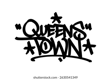 Queenstown graffiti tag in bold black lettering on white background. Clean urban style, perfect for vibrant New Zealand city culture, scenic vibes, and creative street art projects.