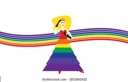 Queer cartoon character wear Christmas tree costume in rainbow color. LGBTQ holidays illustration.