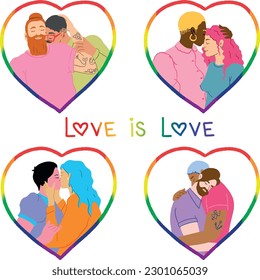 Queer couples in rainbow hearts, hugging and tenderly kissing.
Perfecr for lgbtq+ themed communication, pride month, genderequqlityinclusion themes.