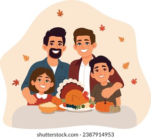 Queer family celebrating Thanksgiving, two fathers with children, vector illustration