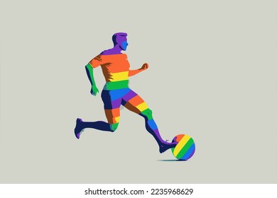 Queer football, a soccer player in rainbow colours 