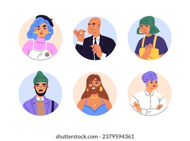 Queer people, face avatars in circles. LGBT homosexual characters, head portraits. Modern trendy men, women, transgender, user profiles set. Flat vector illustrations isolated on white background