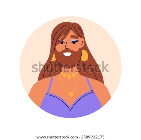 Queer person, head portrait. Bearded drag queen, man with long hair, makeup, feminine outfit, dress. Genderfluid avatar. Unusual character. Flat vector illustration isolated on white background