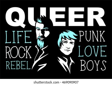 Queer punk banner poster design gay guys standing back to back rock style couple with mint green blue crazy hair short hairstyles on the black background vector illustration