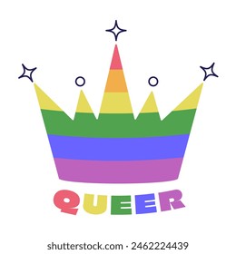 Queer queen LGBTQ rainbow colored crown. LGBT love symbol, pride month sign. Lettering sticker for homosexual, bisexual tolerance. Vector illustration isolated on white backdop