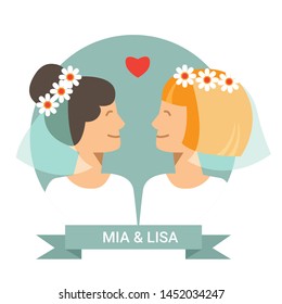 Queer wedding greeting card with gay couple. Vector illustration. Happy cute homosexual girls. Cartoon characters of gay marriage ceremony. lgbt family symbol. Flat design.