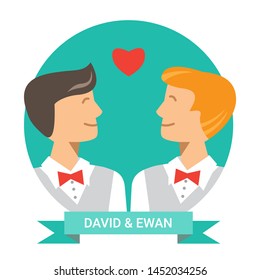 Queer wedding greeting card with gay couple. Vector illustration. Happy cute homosexual boys. Cartoon characters of gay marriage ceremony. lgbt family symbol. Flat design.