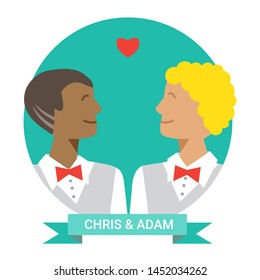 Queer wedding greeting card with multiethnic gay couple. Vector illustration. Happy cute homosexual boys. Cartoon characters of gay marriage ceremony. lgbt family symbol. Flat design.