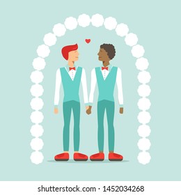 Queer wedding greeting card with multiethnic gay couple. Vector illustration. Happy cute homosexual boys. Cartoon characters of gay marriage ceremony. lgbt family symbol. Flat design.