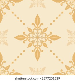 Queerly Bloom Seamless Pattern with Gold Silk Scroll Ornament on Beige Background Fleur de lis Geometry Elegant Rich Decoration Haute Couture Jacquard Embroidery Handkerchief Fabrics Apparel Wallpaper