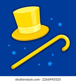 Queima das Fitas (Portuguese for Ribbon Burning) traditional student festival symbols, yellow top hat and cane. Cartoon vector clip art illustration.