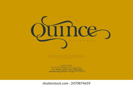 Quence premium luxury elegant alphabet letters and numbers. Vintage wedding typography classic serif font decorative vintage retro. creative vector illustration