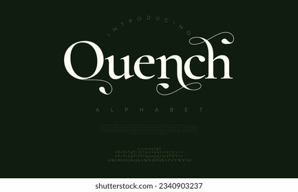 Quench Premium elegante Alphabet Buchstaben und Zahlen. Elegante Hochzeitstypografie klassische Serif Schriftart dekorative Vintage Retro. Kreative Vektorgrafik