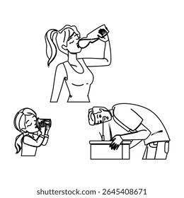 mata sedento pessoas bebendo vetor. sede de bebida, gole, sede líquida mata sedento pessoas sedentas bebendo caráter. pessoas linha preta lápis desenho ilustração
