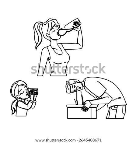 quench thirsty people drinking vector. beverage thirst, gulp sip, liquid thirstiness quench thirsty people drinking character. people black line pencil drawing illustration