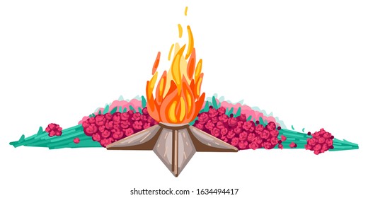 Quenchless flame with red flowers around. Russian holiday victory 9 may. Isolated objects on white background. Flat style cartoon drawing.