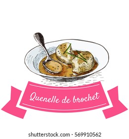 Quenelle de Brochet colorful illustration. Vector illustration of French cuisine.