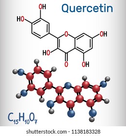 Quercetin ( flavonoid) molecule. Structural chemical formula and molecule model. Vector illustration